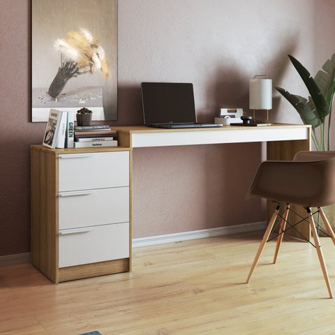 Escrivaninha Mesa de Escritório 3 Gavetas 176,5cm Branco e Bege MDP