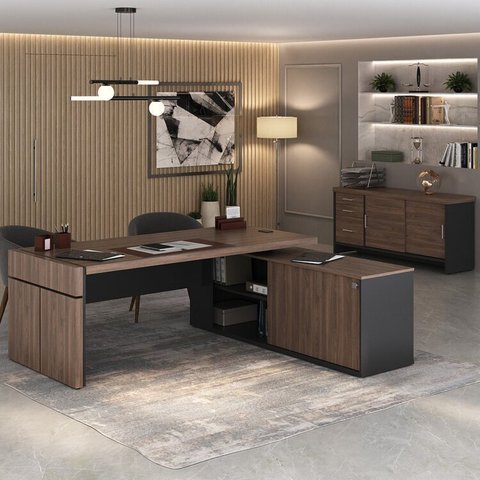 Conjunto 2 Peças com Mesa para Escritório Diretor em L em Tamburato e Armário Multiuso Baixo Charuto Preto