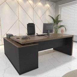 Conjunto 2 Peças com Mesa para Escritório Diretor em L em Tamburato e Armário Multiuso Baixo Charuto Preto - 3 Conjunto 2 Peças com Mesa para Escritório Diretor em L em Tamburato e Armário Multiuso Baixo Charuto Preto - 3