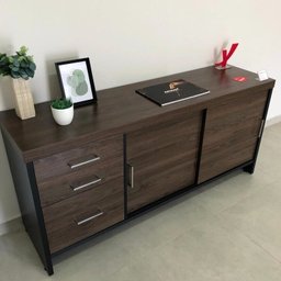 Conjunto 2 Peças com Mesa para Escritório Diretor em L em Tamburato e Armário Multiuso Baixo Charuto Preto - 5 Conjunto 2 Peças com Mesa para Escritório Diretor em L em Tamburato e Armário Multiuso Baixo Charuto Preto - 5