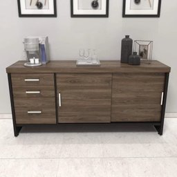 Conjunto 2 Peças com Mesa para Escritório Diretor em L em Tamburato e Armário Multiuso Baixo Charuto Preto - 2 Conjunto 2 Peças com Mesa para Escritório Diretor em L em Tamburato e Armário Multiuso Baixo Charuto Preto - 2