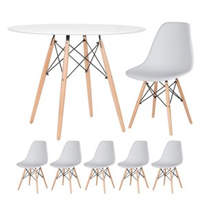 KIT - Mesa redonda Eames 100 cm branco + 5 cadeiras Eiffel DSW Cinza claro