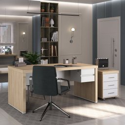 Kit para Escritório Executivo 3 Peças Mesa Tamburato com Módulo Suspenso e Gaveteiro 3 Gavetas - 1