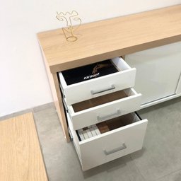 Kit 2 Peças Balcão para Atendimento Recepção e Armário Multiuso Baixo com 3 Gavetas em Tamburato - 19