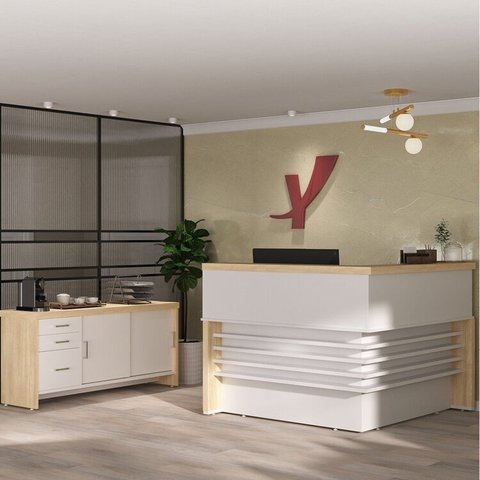 Kit 2 Peças Balcão para Atendimento Recepção e Armário Multiuso Baixo com 3 Gavetas em Tamburato