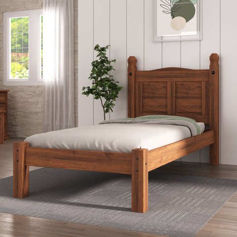Cama de Solteiro Estilo Rústico 100% Madeira Maçiça Marrom/Cera Acapulco
