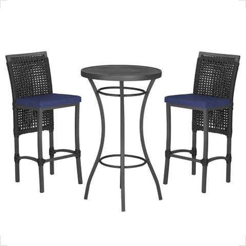 Mesa Bistrô e 2 Banquetas Roma Preta Corda Náutica Estofado 10 Trama Original