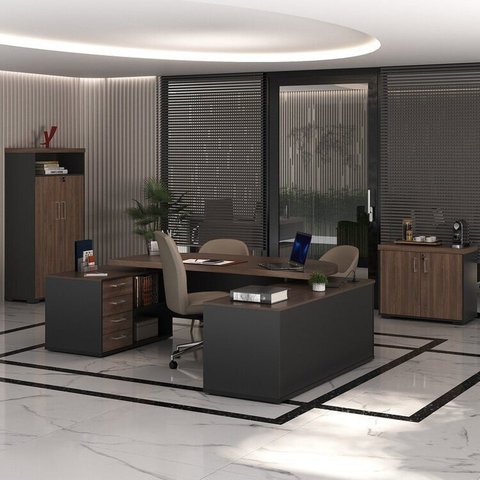 Conjunto 3 Peças com Mesa para Escritório Presidente, Armário Multiuso Alto e Baixo em Tamburato Charuto Preto