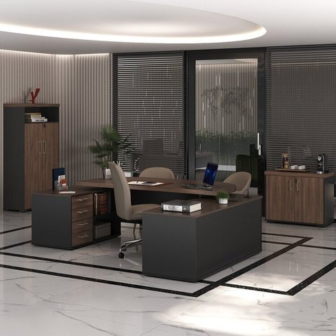 Conjunto 3 Peças com Mesa para Escritório Presidente, Armário Multiuso Alto e Baixo em Tamburato Charuto Preto