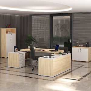 Kit 3 Peças com Mesa para Escritório Presidente, Armário Multiuso Alto e Armário Baixo em Tamburato