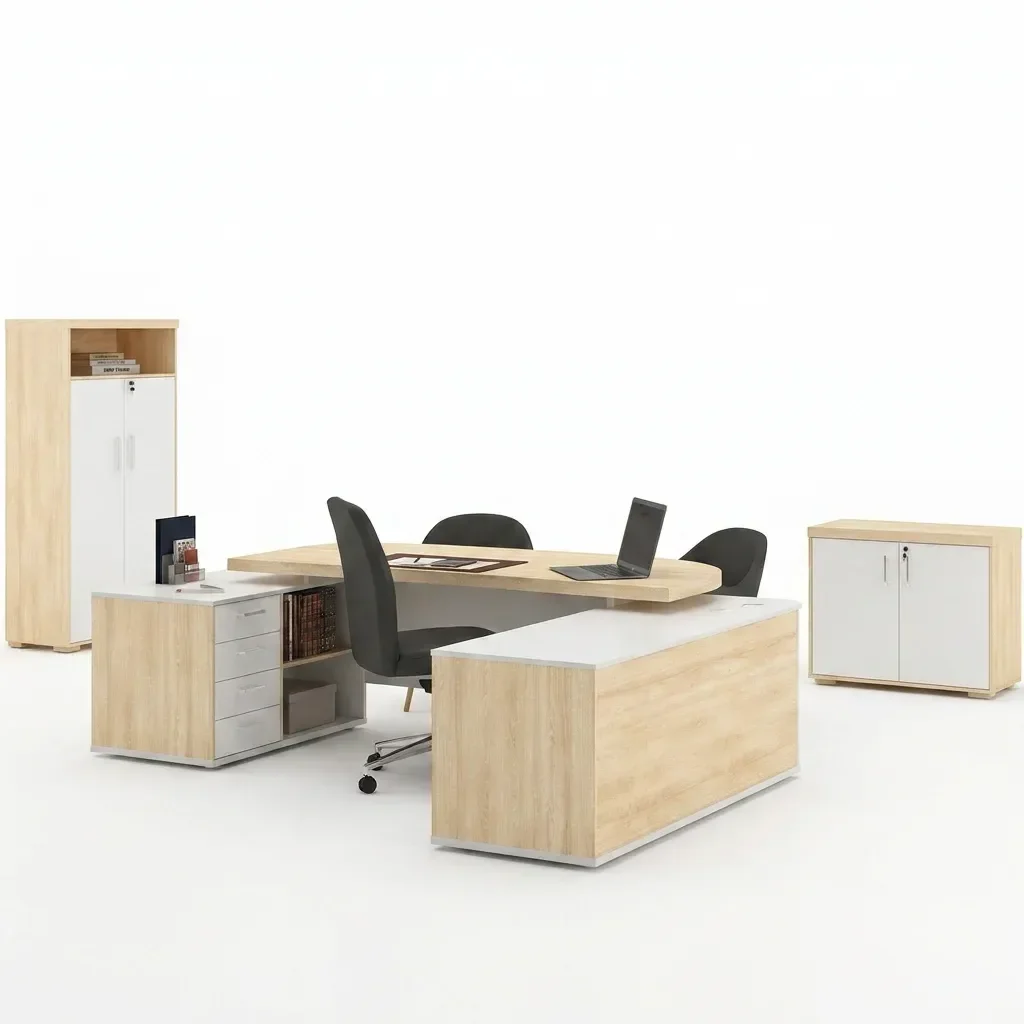 Ver imagem 2 de Conjunto 3 Peças com Mesa para Escritório Presidente, Armário Multiuso Alto e Baixo em Tamburato Carvalho Branco