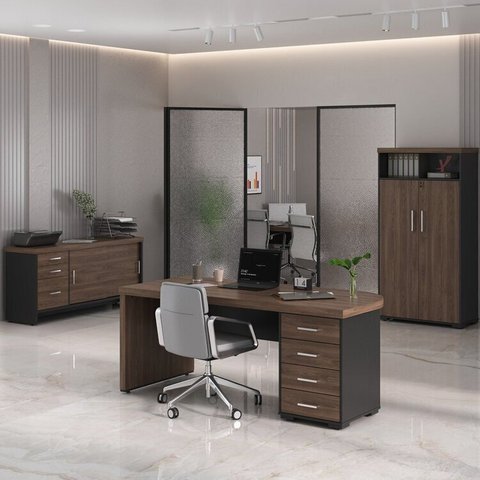 Conjunto 3 Peças com Mesa para Escritório Diretor em Tamburato, Armário Alto e Baixo com Gavetas Charuto Preto