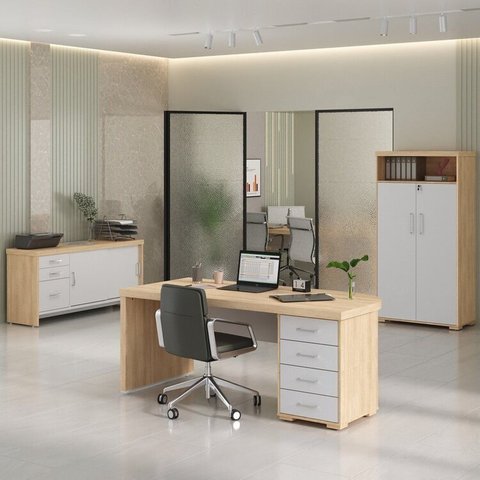Conjunto 3 Peças com Mesa para Escritório Diretor em Tamburato, Armário Alto e Baixo com Gavetas Carvalho Branco Artany