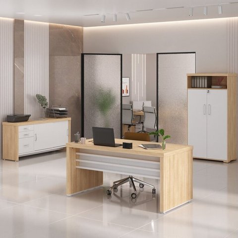 Conjunto 3 Peças com Mesa para Escritório Diretor em Tamburato 1600, Armário com Nicho e Balcão com Gavet Carvalho Branco