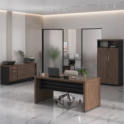 Conjunto 3 Peças com Mesa para Escritório Diretor em Tamburato 1600, Armário com Nicho e Balcão com Gavet Charuto Preto