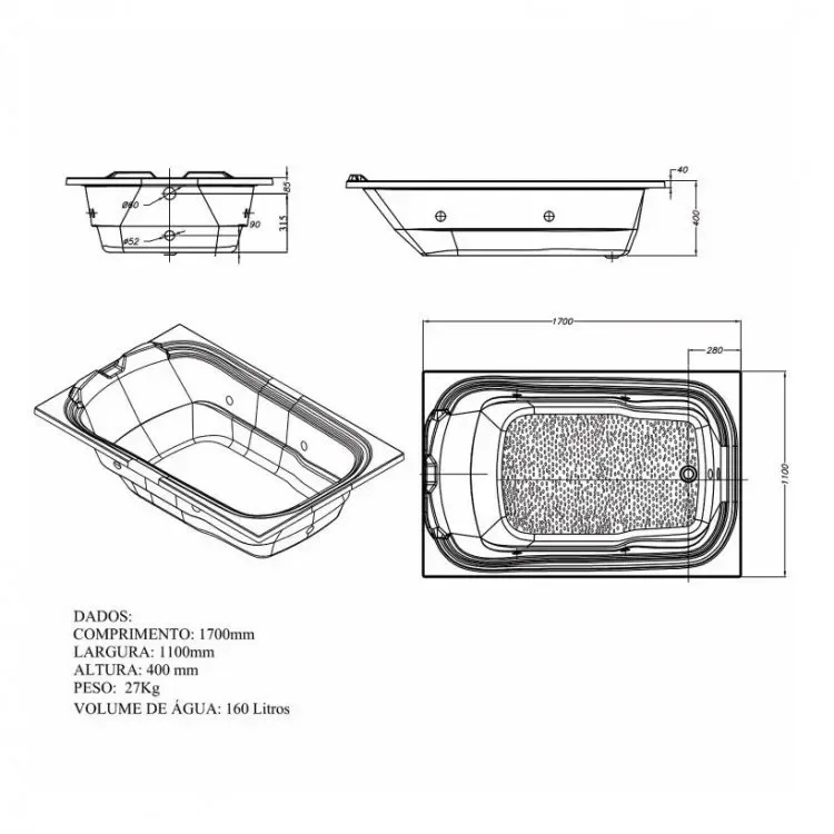 Ver imagem 3 de Banheira Hidromassagem Dupla 170x110x40cm 220V Gold Line Ouro Fino