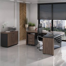 Kit 3 Peças com Mesa para Escritório Diretor em L, Gaveteiro e Armário Multiuso Baixo - 1