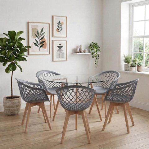 Kit Mesa Eames Vidro 110cm + 5 Cadeiras Web Wood - Seat&Co