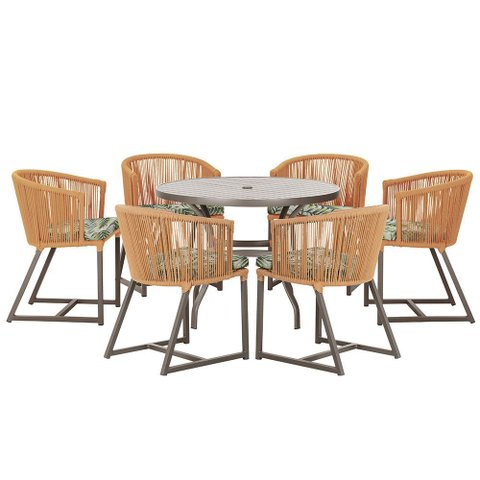 Mesa com 6 Cadeiras de Jantar Roma 120cm e Noronha em Alumínio Marrom Corda Náutica Estofado 5 Trama