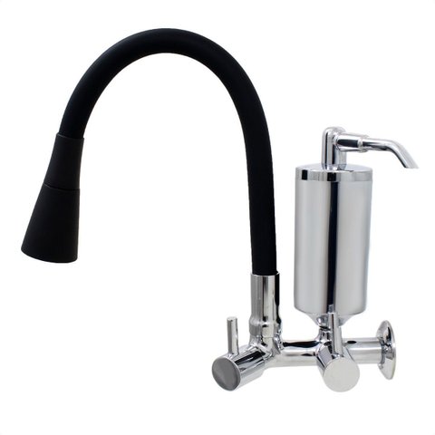 Torneira de Cozinha Preto Gourmet Parede Inox com Filtro Cromado Flexível bico Arejador Duplo Jato