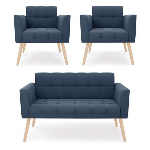 Kit 1 Sofá Namoradeira e 2 Poltronas Elisa Suede Azul Marinho Pés Palito Natural - D’Rossi