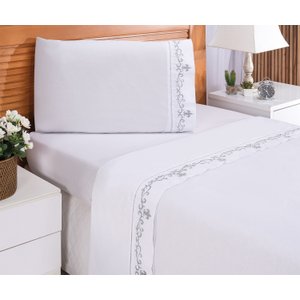 Lençol Solteiro 180 Fios 3 Pçs Percal Bordado Imperial Branco - Pronta Entrega