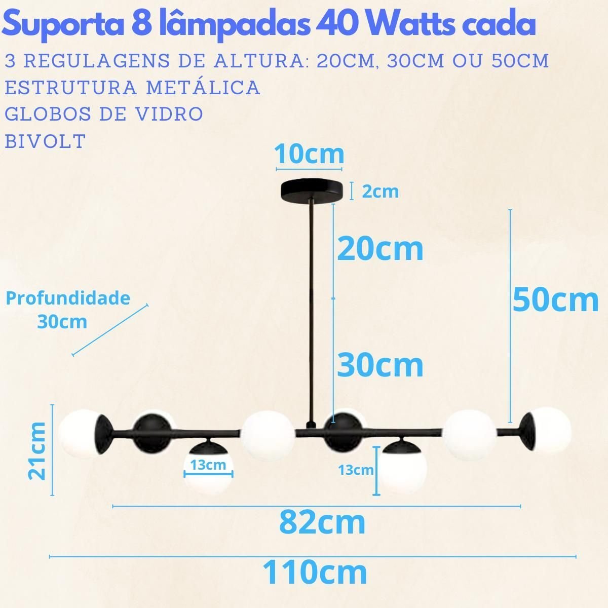 Luminária Lustre 8 Globos 110cm X 72cm Jabuticaba Pendente Teto Gimpo Kjdd-e-547-preto-milky-8 - 10