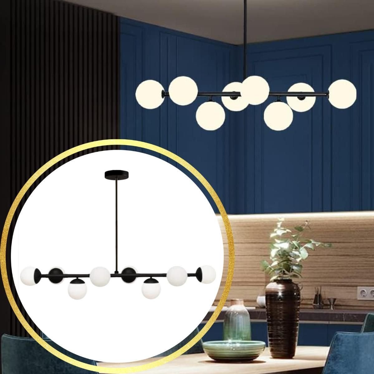 Luminária Lustre 8 Globos 110cm X 72cm Jabuticaba Pendente Teto Gimpo Kjdd-e-547-preto-milky-8 - 5