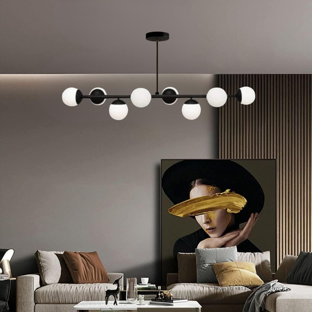 Ver imagem 1 de Luminária Lustre 8 Globos 110cm X 72cm Jabuticaba Pendente Teto Gimpo Kjdd-e-547-preto-milky-8