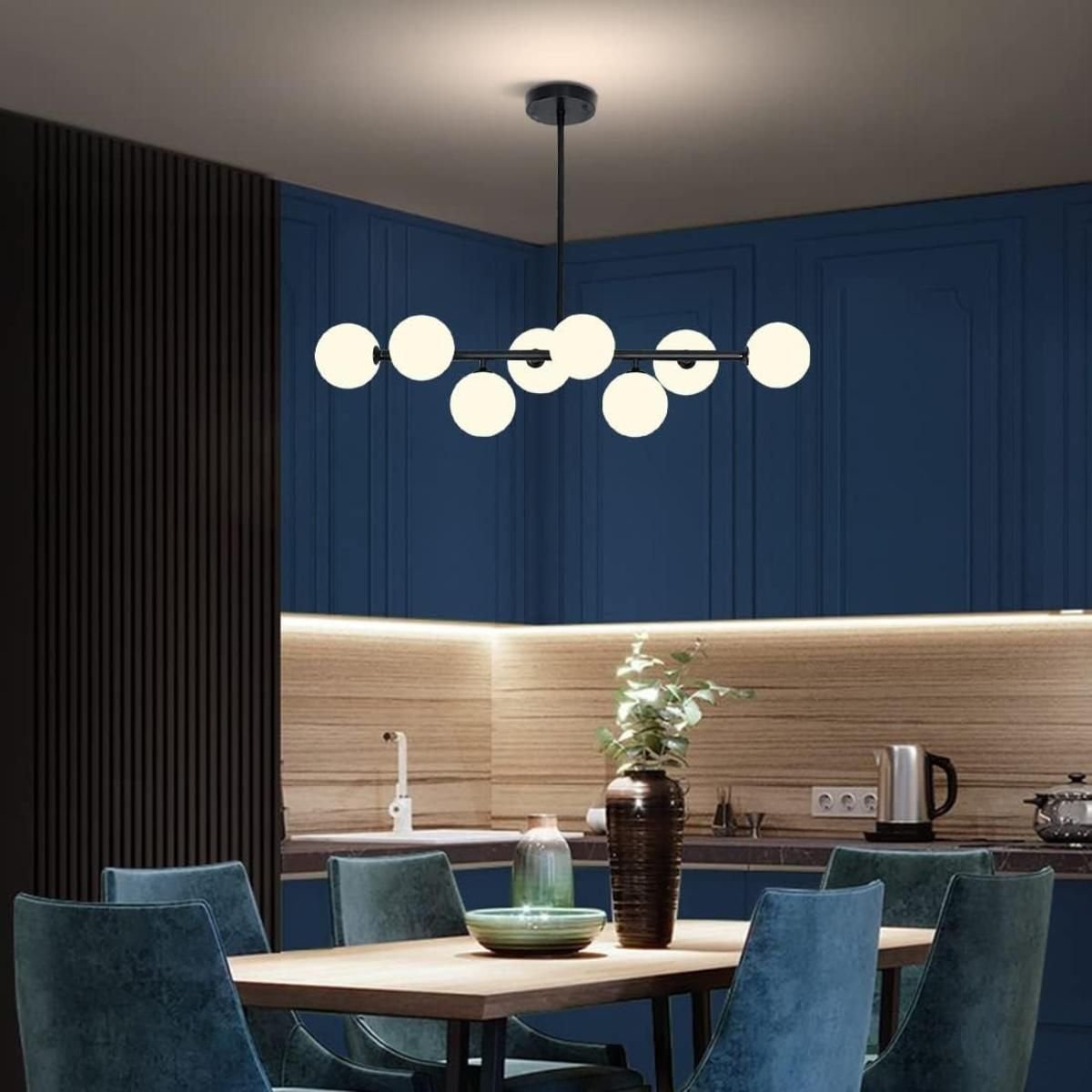 Luminária Lustre 8 Globos 110cm X 72cm Jabuticaba Pendente Teto Gimpo Kjdd-e-547-preto-milky-8 - 9