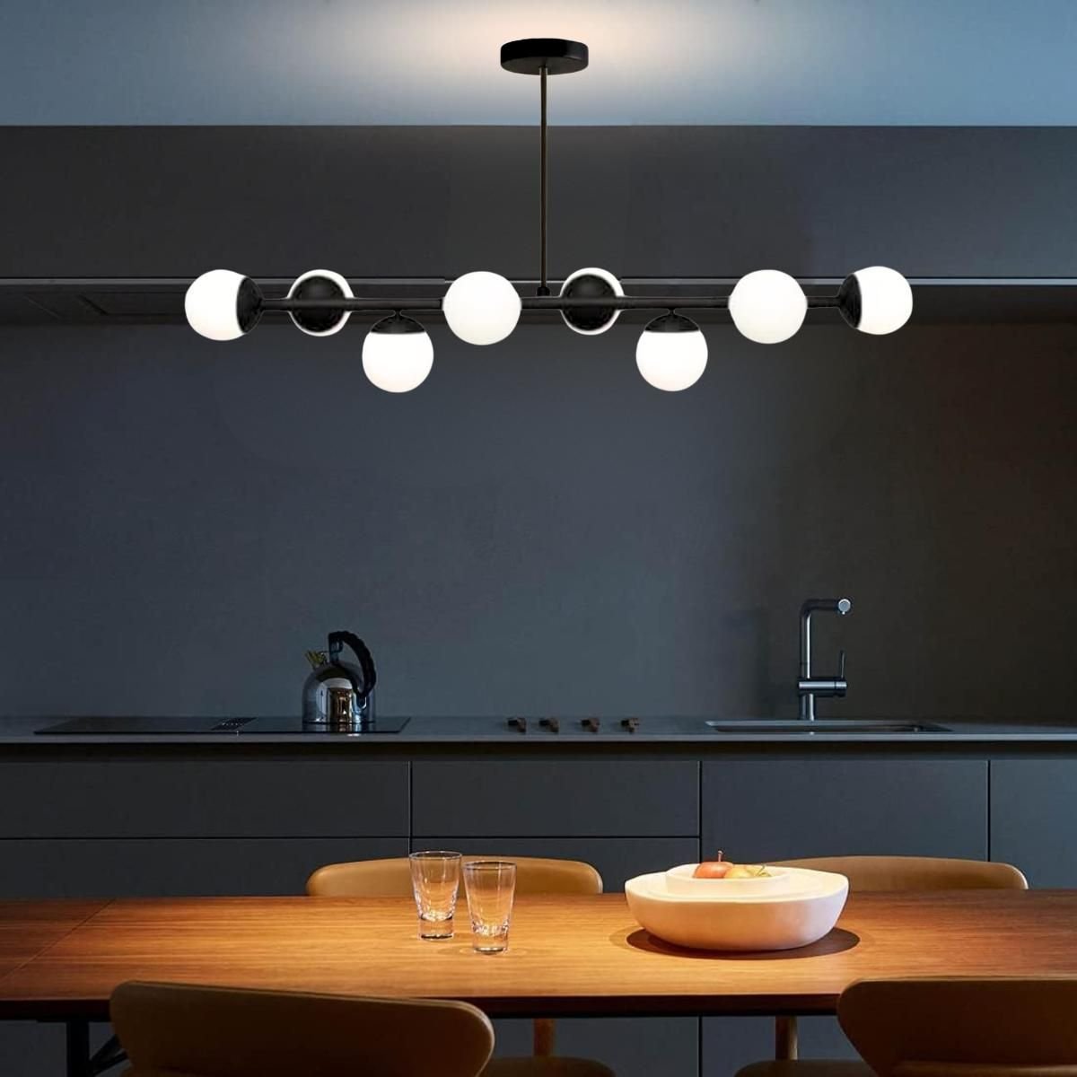 Ver imagem 3 de Luminária Lustre 8 Globos 110cm X 72cm Jabuticaba Pendente Teto Gimpo Kjdd-e-547-preto-milky-8