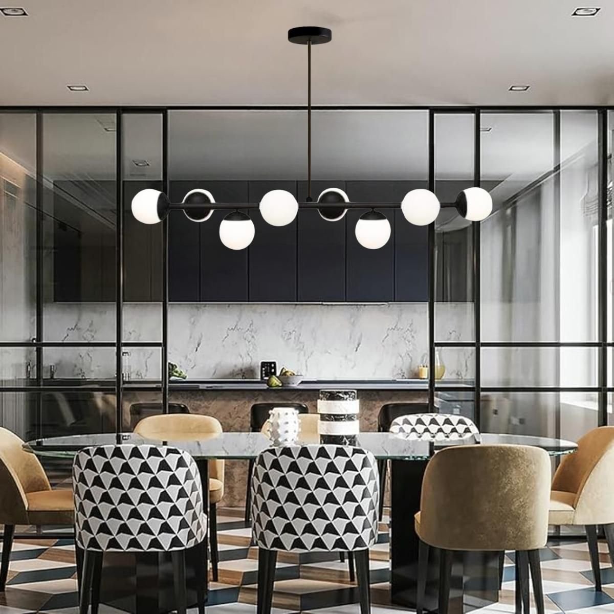 Luminária Lustre 8 Globos 110cm X 72cm Jabuticaba Pendente Teto Gimpo Kjdd-e-547-preto-milky-8 - 4