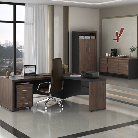 Conjunto 5 Peças com Mesa para Escritório Diretor em Tamburato, Gaveteiro, Armário e Balcão Charuto Preto