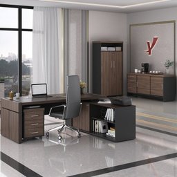 Kit para Escritório 4 Peças com Mesa em L Diretor, Balcão com Gavetas, Gaveteiro e Armário com Nicho - 1