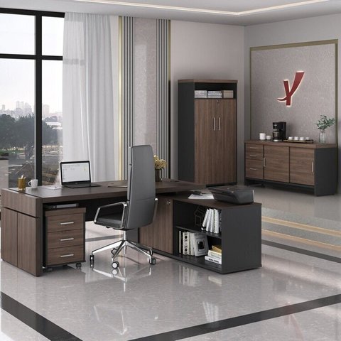 Conjunto para Escritório 4 Peças com Mesa em L Diretor, Balcão com Gavetas, Gaveteiro e Armário com Nicho Charuto Preto