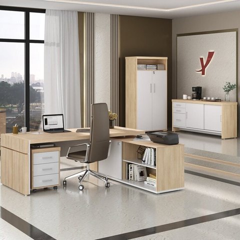 Conjunto para Escritório 4 Peças com Mesa em L Diretor, Balcão com Gavetas, Gaveteiro e Armário com Nicho Carvalho Branco