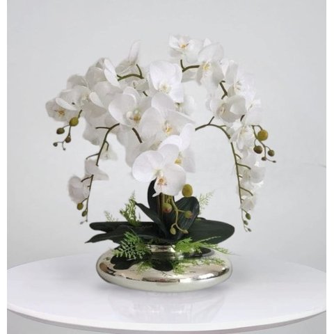 Arranjo com 6 Orquídeas Artificias Brancas Vaso Ikebana