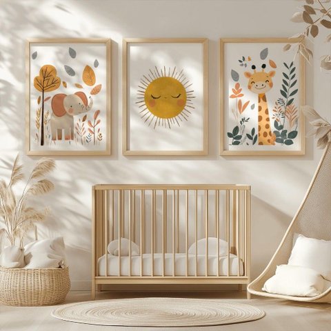 Kit 3 Quadros Decorativos Infantil - Safari Sun NO2 - 30x40 - Moldura Madeira