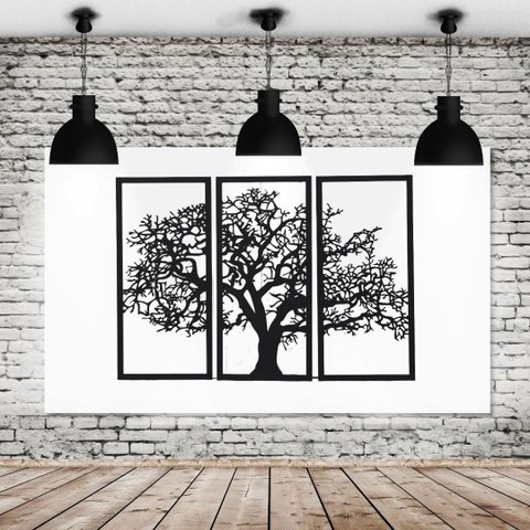 Quadro de Parede Árvore 3 Peças em Mdf - Cor: Preta
