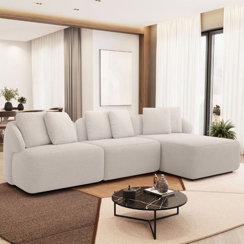 Sofá 3 Lugares com Chaise Direito Sala Living 248cm Arlo F04 Bouclê Bege - Lyam Decor