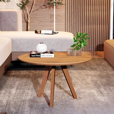 Mesa de Centro Dubai Redonda Decorativa Sala Estar Pés Madeira Canela