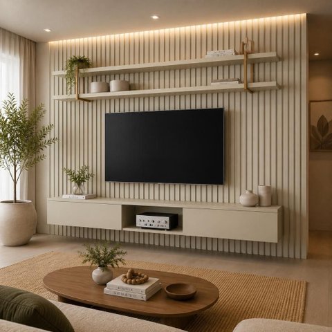Painel para TV Ripado Luna 240cm 100% MDF com Nicho Dourado Casa Lar Shop