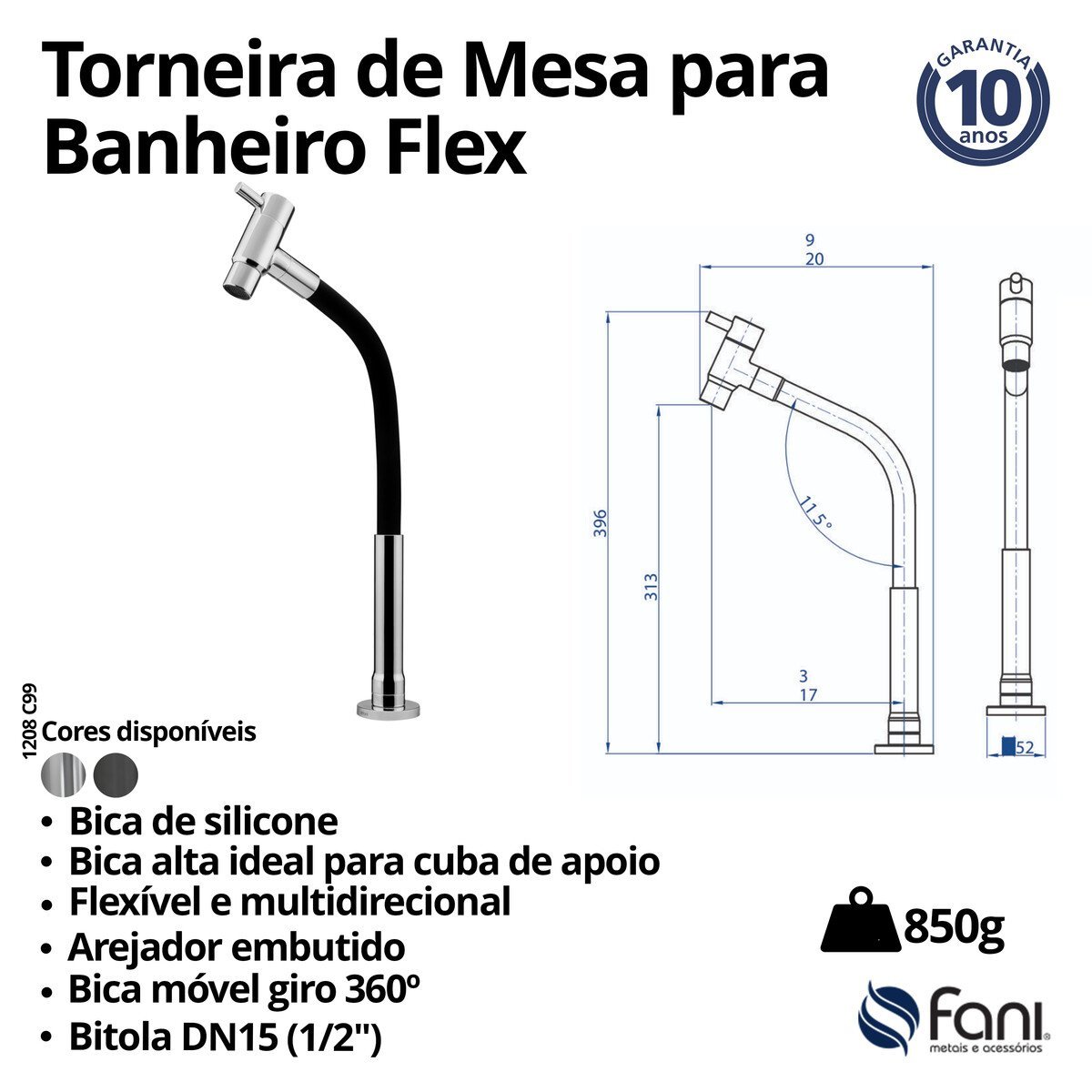 Torneira Banheiro Bica Alta Preto Fosco Flex 99 Flexível Multidirecional Fani - 2