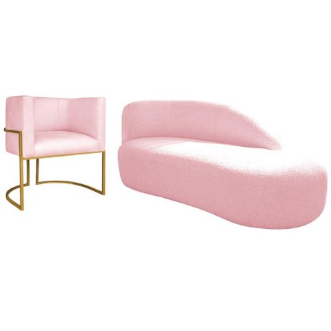 Kit Divã Luna 185cm Lado Direito e 01 Poltrona Base de Ferro Dourado Suede Cor Rosa Bebê