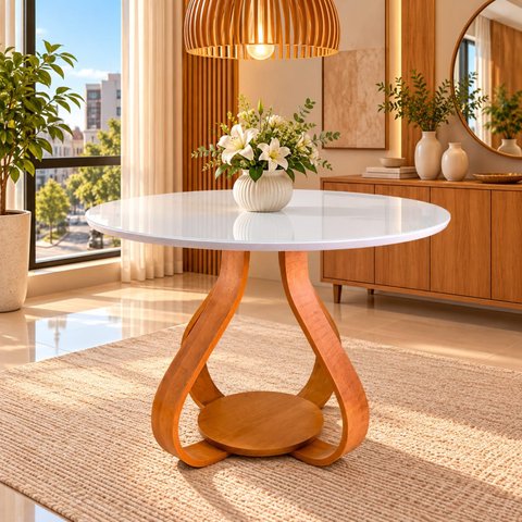 Mesa de Jantar Bella ( Pé Cebola ) 110cm Tampo Laqueado com Vidro Branco/Off-White/Mel
