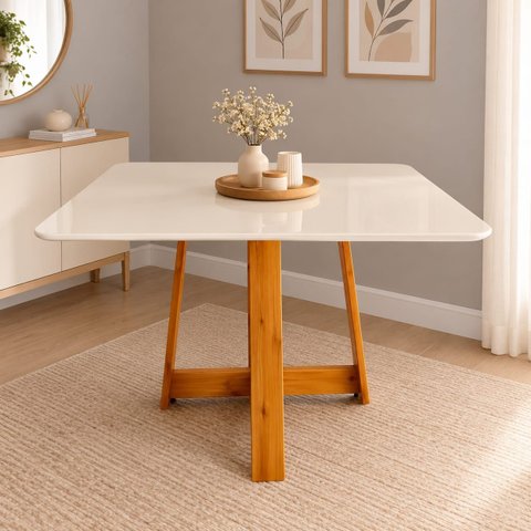 Mesa de Jantar Ibiza 90x90cm Pés em Madeira Maciça Tampo Laqueado com Vidro Branco/Off-White/Mel