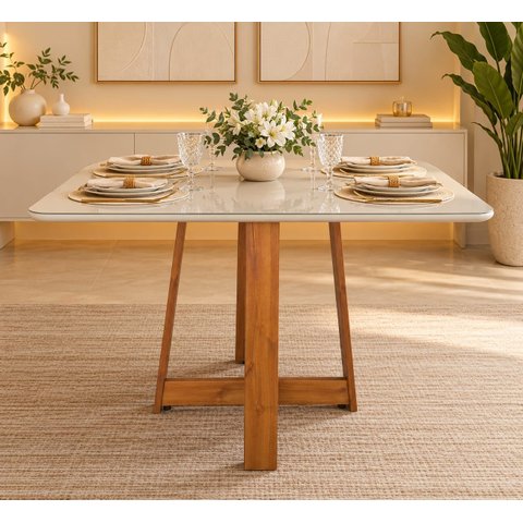 Mesa de Jantar Ibiza 90x90cm Pés em Madeira Maciça Tampo Laqueado com Vidro Branco/Mel