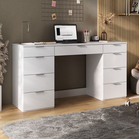 Escrivaninha Mesa Escritório 8502 9 Gavetas 152cm Branco
