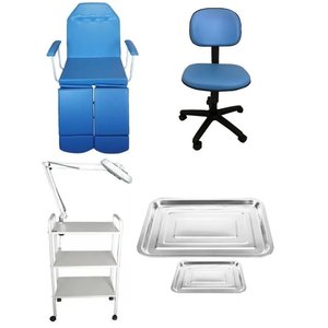 Kit Podologia Azul Cadeira Luminária Exaustor Carrinho Mocho Bandejas Resíduo e Instrumentais
