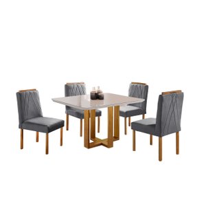 Conjunto Sala de Jantar 4 Lugares Paris Madeira Maciça Mesa Quadrada Veludo Cinza